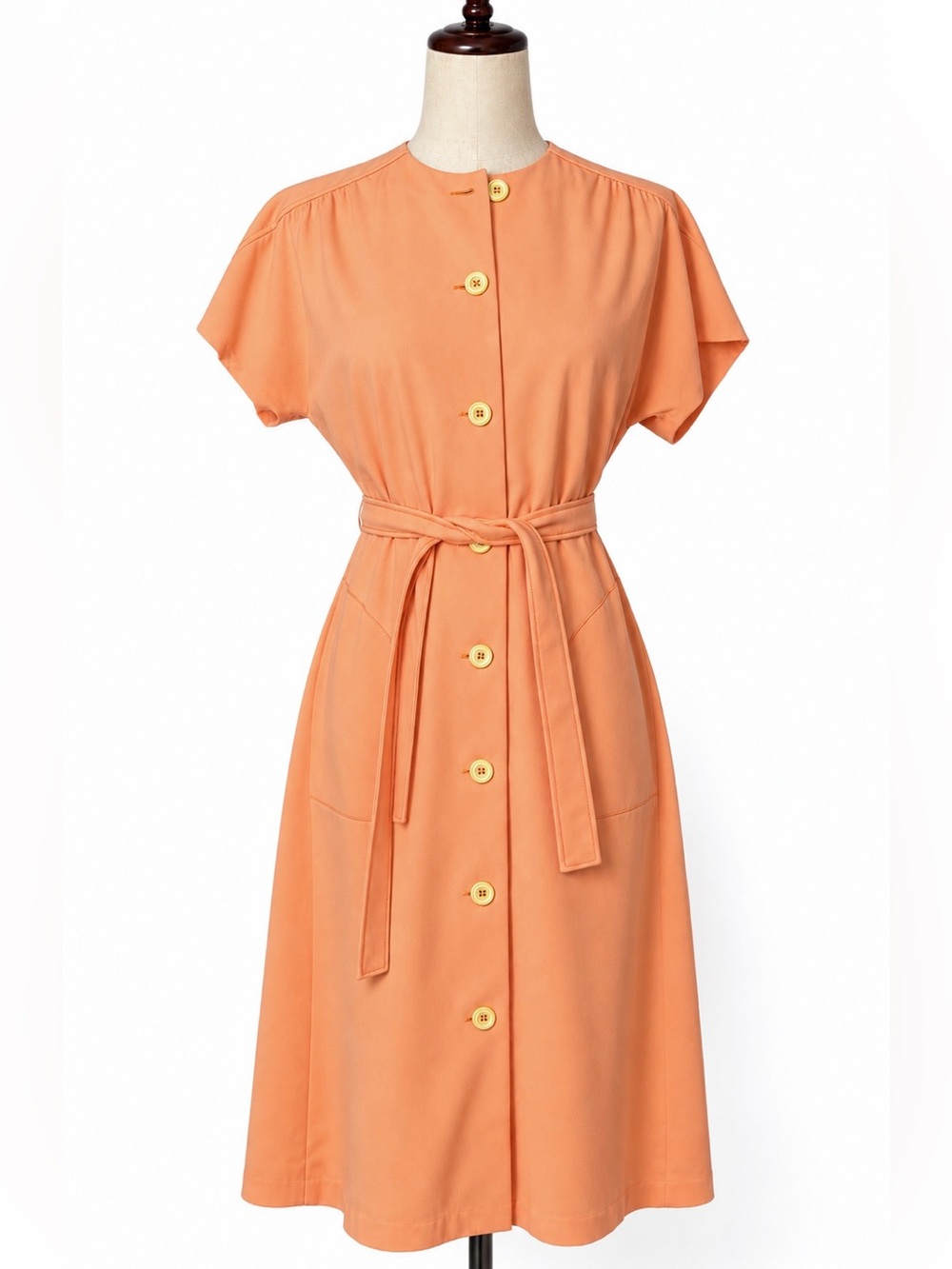 Peach vintage polyester midi dress w waist cinching sash, cream buttons. Size L